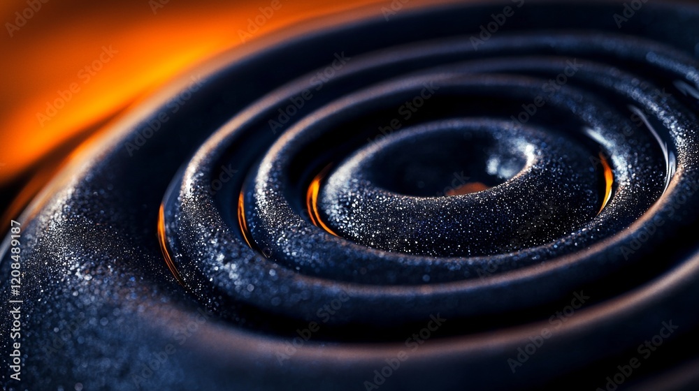Poster Concentric circles form a mesmerizing spiral pattern on a dark, textured surface, with a warm orange glow emanating from the background, creating a visually captivating abstract design