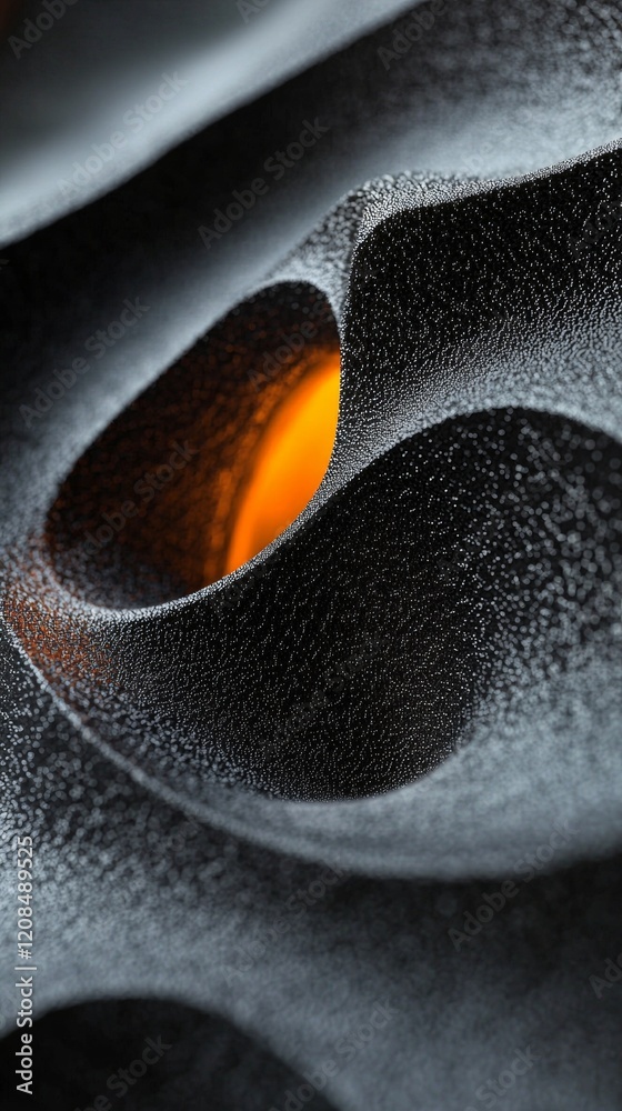 Poster abstract black and orange particles are flowing and glowing, creating a dynamic and visually appeali