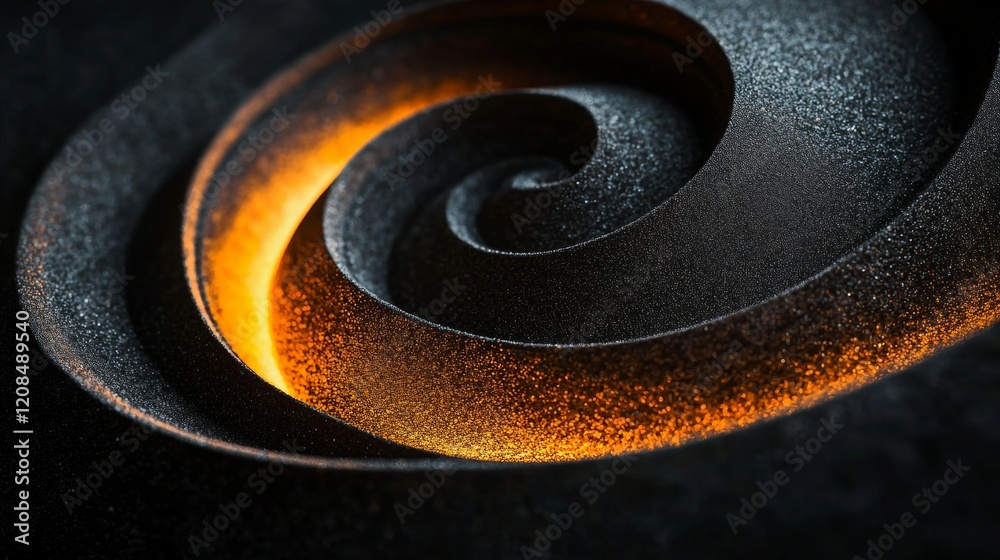 Poster illuminating black spiral patterns with vibrant orange light, creating a hypnotic and mesmerizing ab