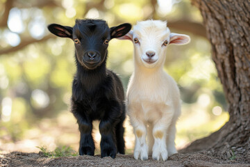 Fototapeta premium Two adorable tiny goats, one black and one white, stand side by side beneath the shade of trees in a sunny pasture, enjoying a beautiful day outdoors.