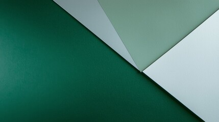 Minimalist abstract background featuring various shades of green, grey, and white in a geometric composition of triangular and polygonal shapes, perfect for modern projects