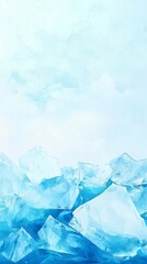 Piled ice shards reflecting light beneath a clear sky create a mesmerizing watercolor scene, evoking feelings of coolness and freshness in a tranquil winter landscape
