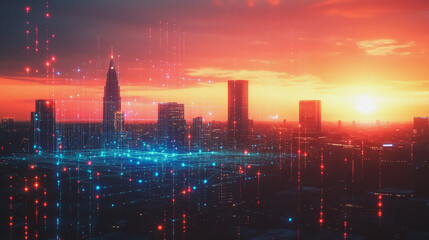 Fototapeta premium Smart digital Innovation city with connection network reciprocity over the cityscape. of future smart wireless digital city and social media networking systems that connects people with in city