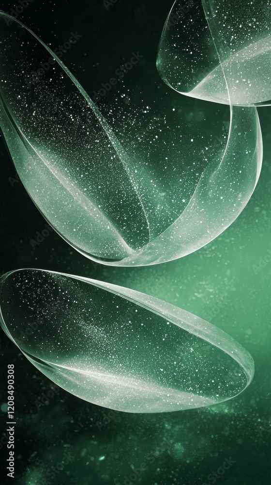 Poster green particles are flowing and swirling through transparent shapes, creating a mesmerizing abstract