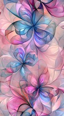 Pink and blue abstract flowers intertwining create a captivating backdrop, blending soft hues and intricate details for a mesmerizing visual experience