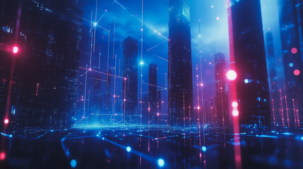 Smart digital Innovation city with connection network reciprocity over the cityscape. of future smart wireless digital city and social media networking systems that connects people with in city