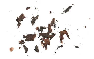 Burned and charred paper scraps isolated on white background, top view