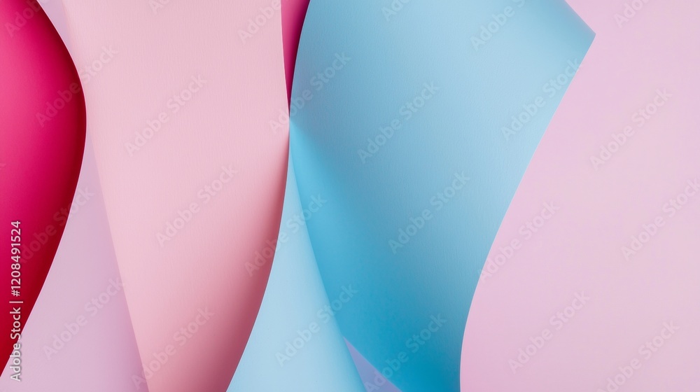 Poster pink, light blue and fuchsia colored sheets of paper are overlapping, creating a visually appealing 