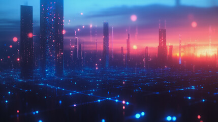 Fototapeta premium Smart digital Innovation city with connection network reciprocity over the cityscape. of future smart wireless digital city and social media networking systems that connects people with in city