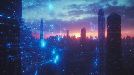 Smart digital Innovation city with connection network reciprocity over the cityscape. of future smart wireless digital city and social media networking systems that connects people with in city