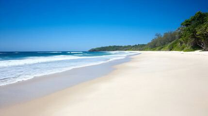 A peaceful view of a deserted beach with smooth sand and gentle waves lapping against the shore. Quiet beach with smooth sand and gentle waves.