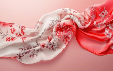 A mockup of a beautiful scarf with floral patterns on a soft white-to-red gradient background for valentines day and 8 march