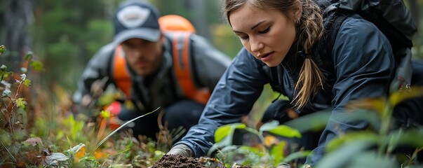 Researchers collecting soil samples in a forest to study the effects climate change on ecosystems.