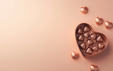 Fototapeta premium A mockup of chocolates in a heart-shaped box on a soft gradient peach surface for valentines day and 8 march