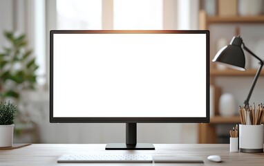 Fototapeta premium A modern desktop screen on a sleek workspace, soft natural light in the background