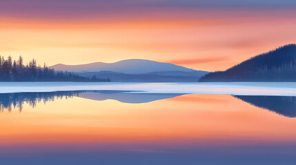 Fototapeta premium A serene winter lake reflecting the golden hues of a sunset. Golden Sunset. Illustration