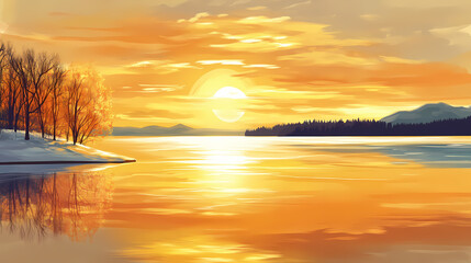 A serene winter lake reflecting the golden hues of a sunset. Golden Sunset. Illustration