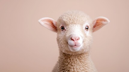 Fototapeta premium Cute lamb portrait, neutral background, farm animal, spring