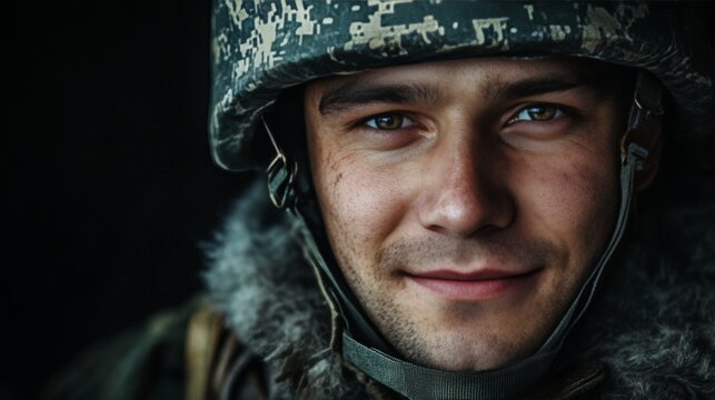 Portrait of a Young Soldier with a Determined Expression, Wearing Camouflage and a Winter Jacket