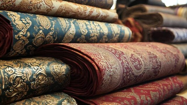Colorful rolls of patterned fabric stacked in a textile shop showcasing rich designs and textures during daylight