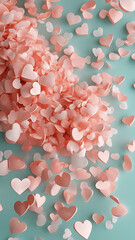 A pink and white heart-shaped confetti is scattered on a blue background