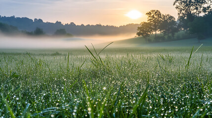 Early Morning Fog with Dew-Kissed Grass: A Serene Landscape Capturing the Essence of Moisture in Nature