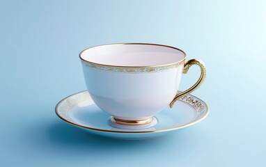 Fototapeta premium A mockup of a cup and saucer with a luxurious gold trim placed on a pastel blue gradient surface