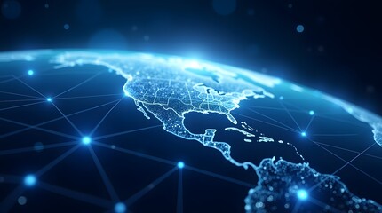 Naklejka premium Global digital network connectivity showcasing a futuristic web of interconnected nodes around the Earth.