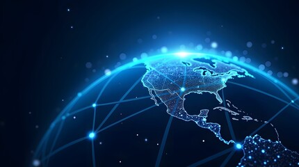 Fototapeta premium Global digital network connectivity showcasing a futuristic web of interconnected nodes around the Earth.