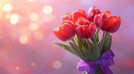 Fototapeta premium Beautiful Bouquet of Red Tulips Tied With a Purple Ribbon Against a Pink Background With Bokeh