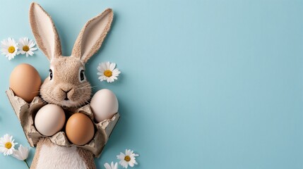 Obraz premium Cute Easter bunny holding eggs in carton with daisies on blue background. 