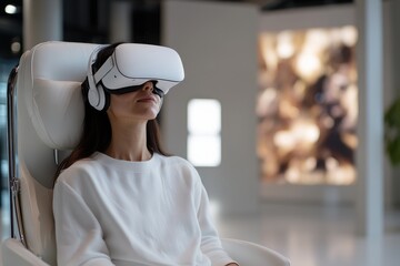 A woman immersed in virtual reality sits comfortably in a modern chair, showcasing the innovative technology that engages users in interactive digital experiences.
