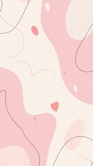 Pink pastel colors dominate this abstract background, featuring organic shapes, delicate lines, and small hearts creating a visually appealing design representing love, tenderness, and warmth