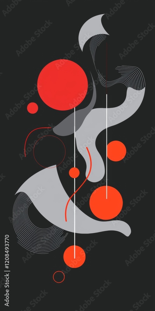 Poster red circles hanging from thin white lines intersect with dynamic gray shapes and fine curved lines, 