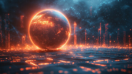 Digital diagram of a futuristic planet hologram symbolizing global fintech innovation minimalistic bright tone modern style blurred background with empty blank caption space dynamic concept

