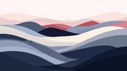 Naklejka premium Serene abstract mountain landscape illustration featuring overlapping shapes in soft pastel colors of pink, blue, and cream, creating a sense of depth and tranquility