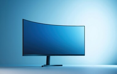 A sleek curved monitor on a soft pastel blue matte background