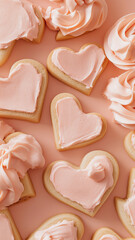 Obraz premium A close up of a tray of cookies with pink frosting and hearts on them