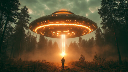 Man Stands in Forest Holding Flashlight While Observing Glowing Spacecraft Hovering Above Treetops During Twilight Hours