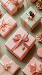 A row of pink boxes with bows on them, one of which has a pine cone on top