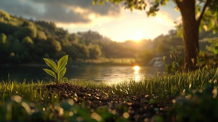 Sunrise over lake, young plant growth, idyllic nature scene, environmental concept