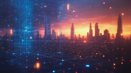 Smart digital Innovation city with connection network reciprocity over the cityscape. of future smart wireless digital city and social media networking systems that connects people with in city