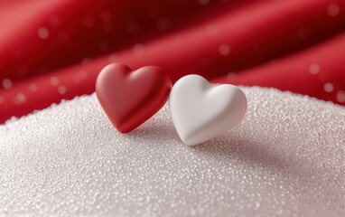 Fototapeta premium A mockup of a pair of heart-shaped earrings displayed on a soft white-to-red matte surface for valentines day and 8 march