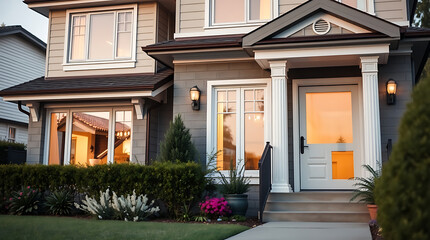 Fototapeta premium Luxury House Exterior at Dusk: Stunning Home Design and Landscaping