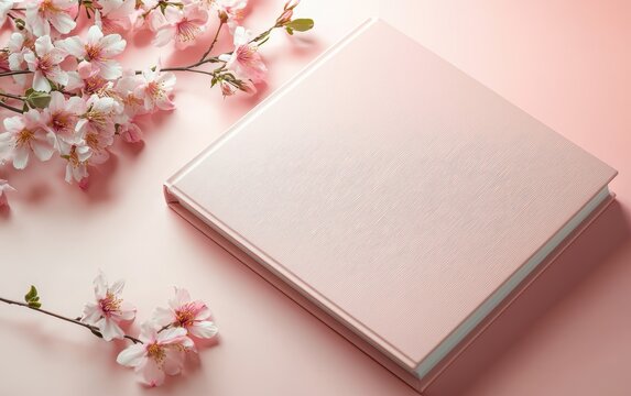 A mockup of a personalized photo album with floral and heart designs on a soft white-to-pink gradient surface for valentines day and 8 march
