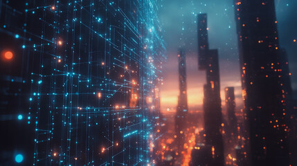 Fototapeta premium Smart digital Innovation city with connection network reciprocity over the cityscape. of future smart wireless digital city and social media networking systems that connects people with in city