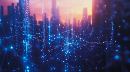 Obraz premium Smart digital Innovation city with connection network reciprocity over the cityscape. of future smart wireless digital city and social media networking systems that connects people with in city