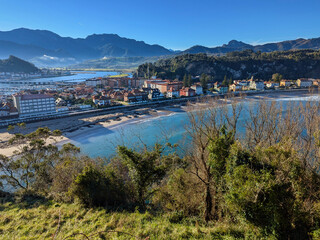 Fototapeta premium Aerial view of Ribadesella and Santa Marina beach, Asturias, Spain