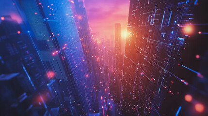 Obraz premium Smart digital Innovation city with connection network reciprocity over the cityscape. of future smart wireless digital city and social media networking systems that connects people with in city