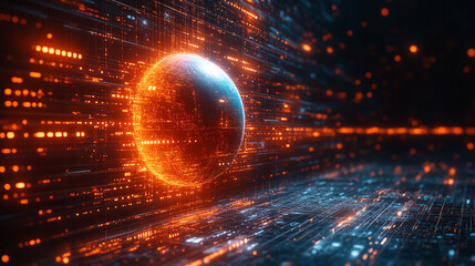 Digital diagram of a futuristic planet hologram symbolizing global fintech innovation minimalistic bright tone modern style blurred background with empty blank caption space dynamic concept

